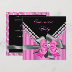 Invitation Quinceanera 15 ans Rose Argent Gris Nœud Diamants