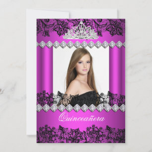 Invitation Quinceanera 15 ans Rose Noir Blanc Broderie Photo