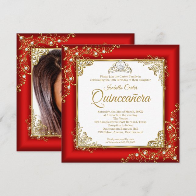 Invitation Quinceanera 15 ans Tiare de perles rouges or blanc (Devant / Derrière)