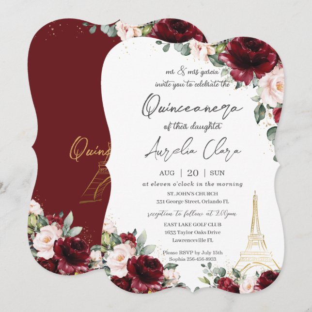 Invitation Quinceañera 15 Bourgogne Blush Floral Eiffel Paris (Devant / Derrière)