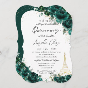 Invitation Quinceañera 15 Emerald Green Floral Eiffel Paris