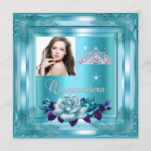 Invitation Quinceanera 15 Fête Bleue Roses Sarcelle Photo
