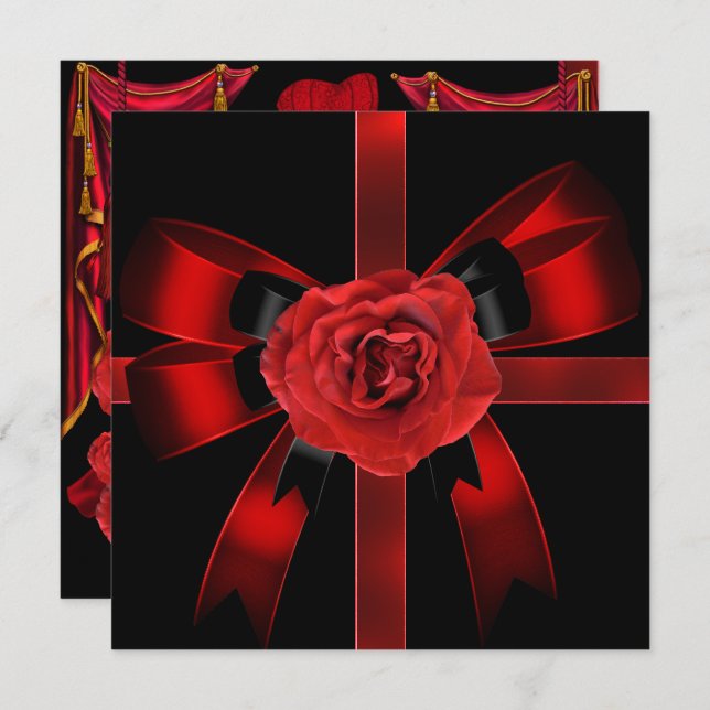 Invitation Quinceanera 15 fête d'anniversaire Rose rouge noir (Devant / Derrière)