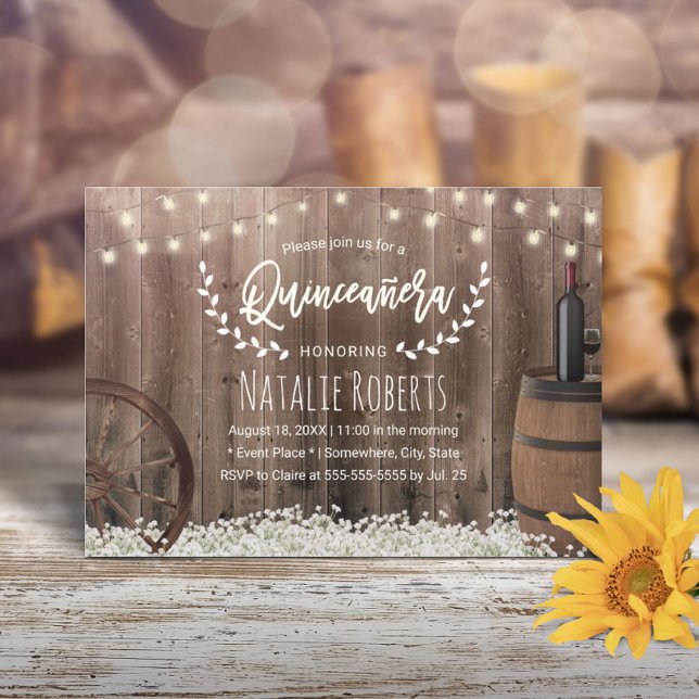 Invitation Quinceanera 15 Fleurs Rustiques Vin Baril Annivers (Créateur téléchargé)