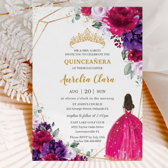 Invitation Quinceañera 15 Fuchsia Robe Purple Lilac Floral (Créateur téléchargé)
