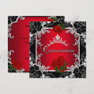 Invitation Quinceañera 15 Noir Tiare Argent Rose Rouge Floral