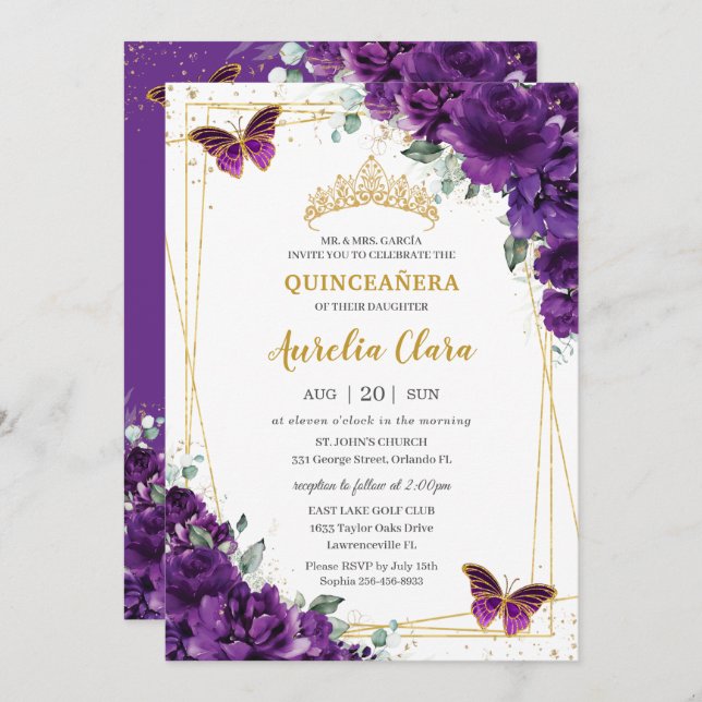 Invitation Quinceañera 15 Papillon bleu royal foncé (Devant / Derrière)