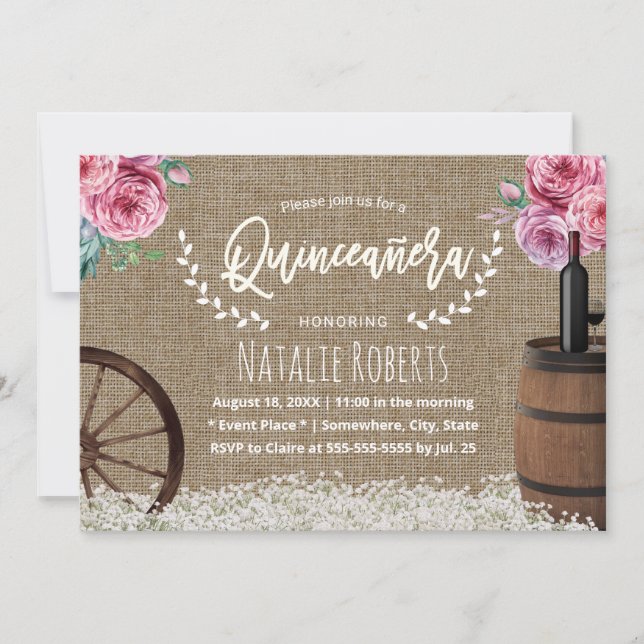 Invitation Quinceanera 15 Rustique Burlap Vin Baril Floral (Devant)