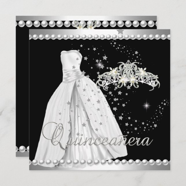 Invitation Quinceanera 15 Tiara Gown noir argent blanc (Devant / Derrière)