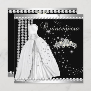 Invitation Quinceanera 15 Tiara Gown noir argent blanc