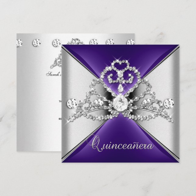 Invitation Quinceanera 15 Tiara Purple Argent Blanc Diamant (Devant / Derrière)