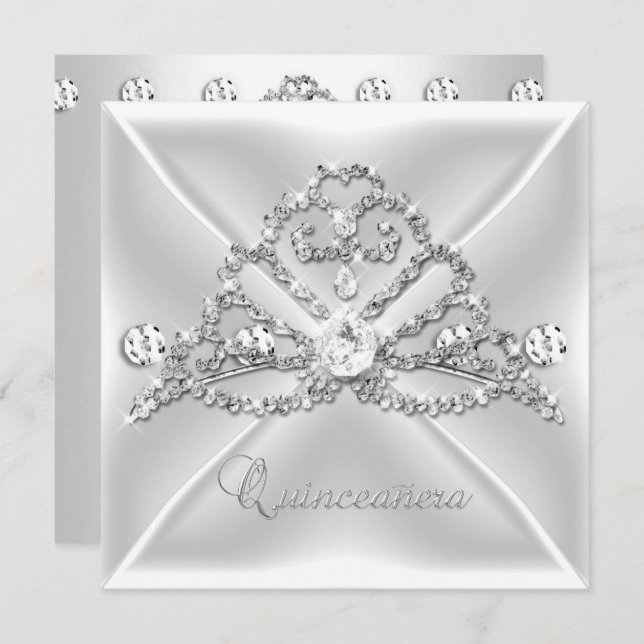 Invitation Quinceanera 15 Tiara Silver White Diamond 2 (Devant / Derrière)