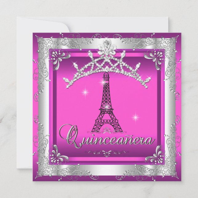 Invitation Quinceanera 15 Tour Eiffel Tiara en argent rose (Devant)
