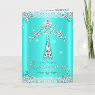 Invitation Quinceanera 15 Turquoise Argent Diadème Tour Eiffe