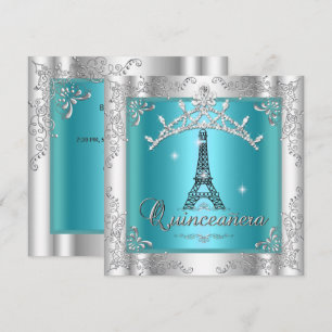 Invitation Quinceanera 15 Turquoise Argent Diadème Tour Eiffe