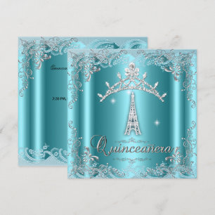 Invitation Quinceanera 15 Turquoise Argent Diadème Tour Eiffe