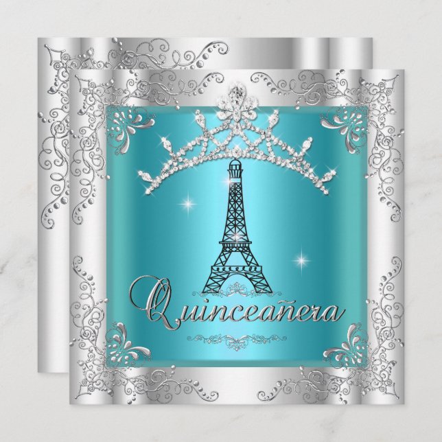 Invitation Quinceanera 15 Turquoise Blue Silver Tiara Tour Ei (Devant / Derrière)