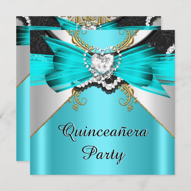 Invitation Quinceanera 15 Turquoise de dentelle d'or (Devant / Derrière)