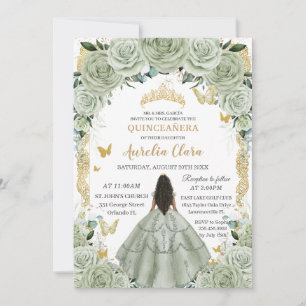 Invitation Quinceañera 15 XV Sage Vert Floral Vintage Or