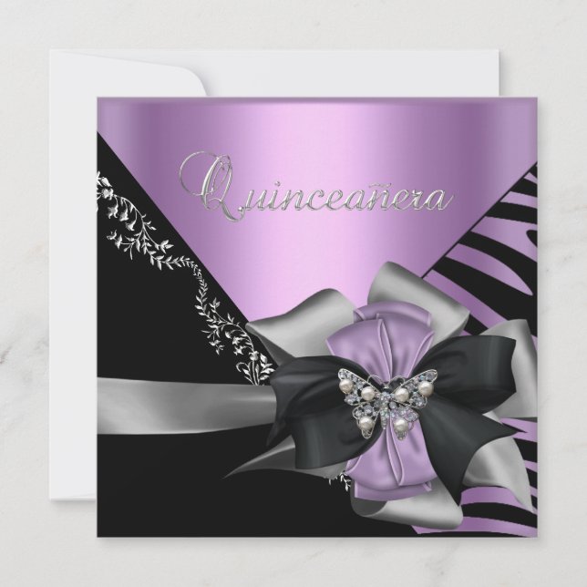 Invitation Quinceanera 15 Zebra Lilac Violet Argent Noir (Devant)