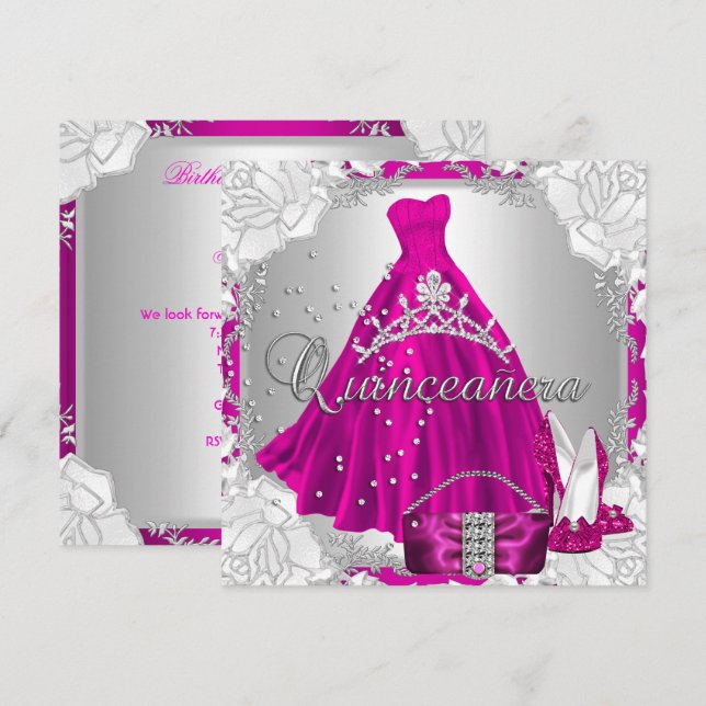 Invitation Quinceanera 15e 15 Anniversaire Robe Rose Chaussur (Devant / Derrière)