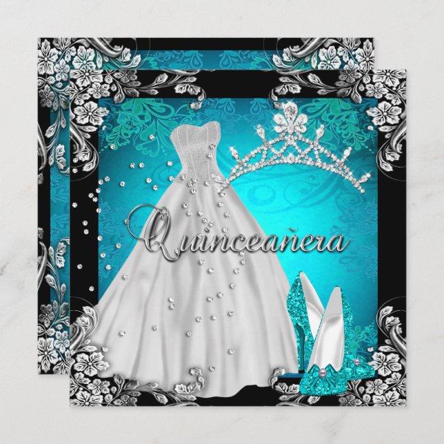 Invitation Quinceanera 15e 15 Anniversaire Robe Turquoise Cha (Devant / Derrière)
