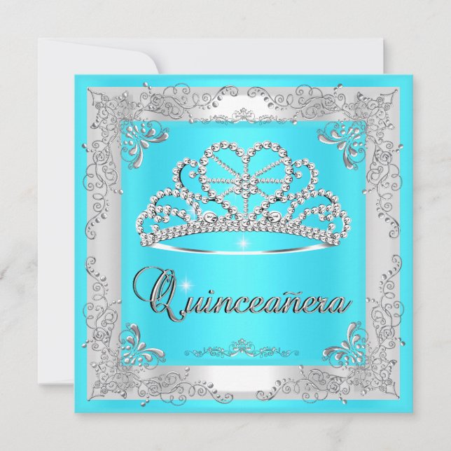 Invitation Quinceanera 15e anniversaire Aqua Blue Silver Tiar (Devant)