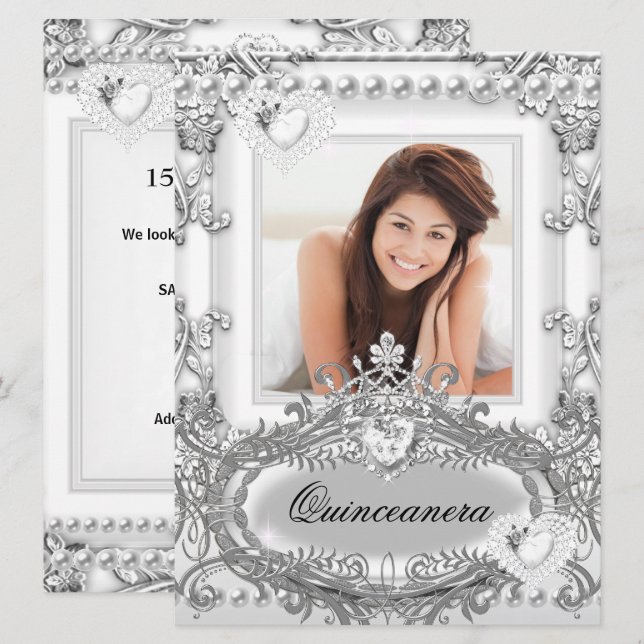 Invitation Quinceanera 15e Anniversaire Argent Blanc (Devant / Derrière)