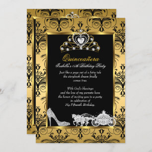Invitation Quinceanera 15e anniversaire Black Gold Damask