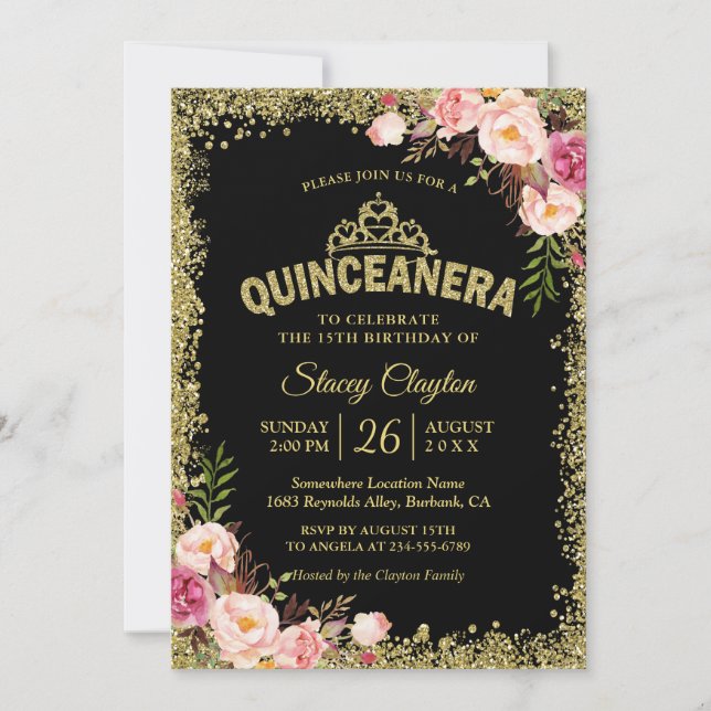 Invitation Quinceanera 15e anniversaire - Black Gold Rose Flo (Devant)