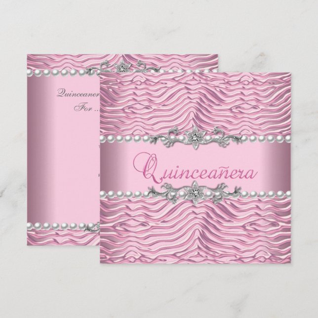 Invitation Quinceanera 15e anniversaire blanc Pearl rose Zebr (Devant / Derrière)