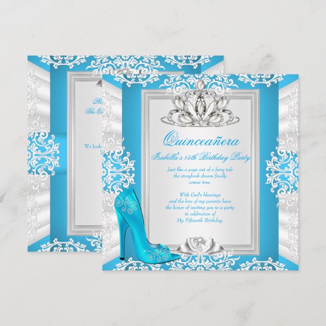 Invitation Quinceanera 15e anniversaire Cendrillon bleu talon (Devant / Derrière)