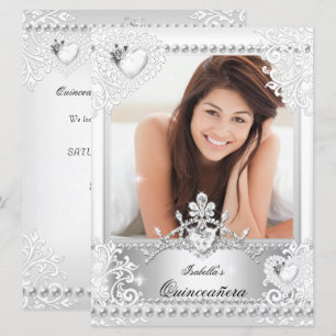 Invitation Quinceanera 15e Anniversaire Cœurs Argent Blanc 3