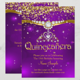Invitation Quinceanera 15e Anniversaire Confettis Violets Dor