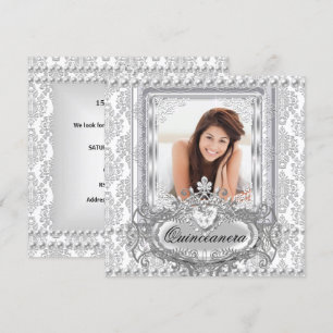 Invitation Quinceanera 15e Anniversaire Damassé Argent Blanc