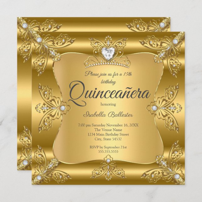 Invitation Quinceanera 15e anniversaire de fête Gold Diamond  (Devant / Derrière)