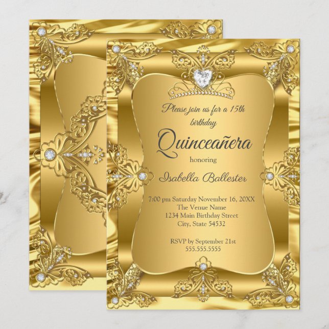 Invitation Quinceanera 15e anniversaire de fête Gold Gems Tia (Devant / Derrière)