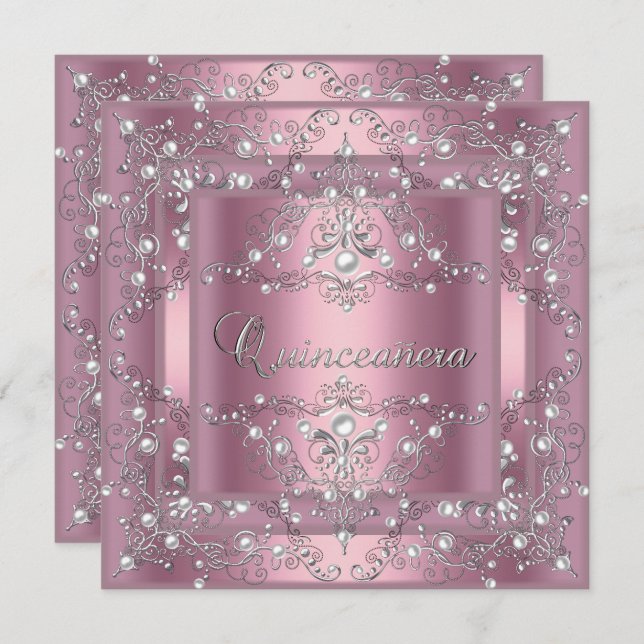 Invitation Quinceanera 15e anniversaire de fête Perle rose (Devant / Derrière)