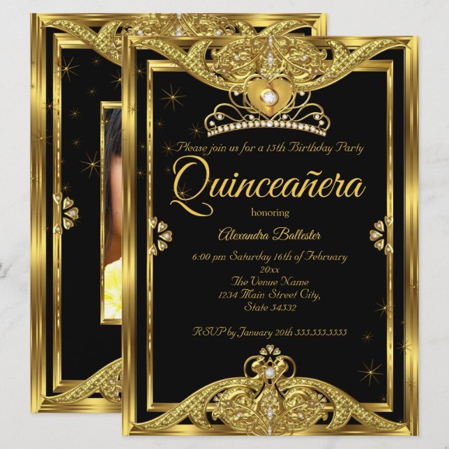 Invitation Quinceanera 15e anniversaire de la fête Photo Gold (Devant / Derrière)