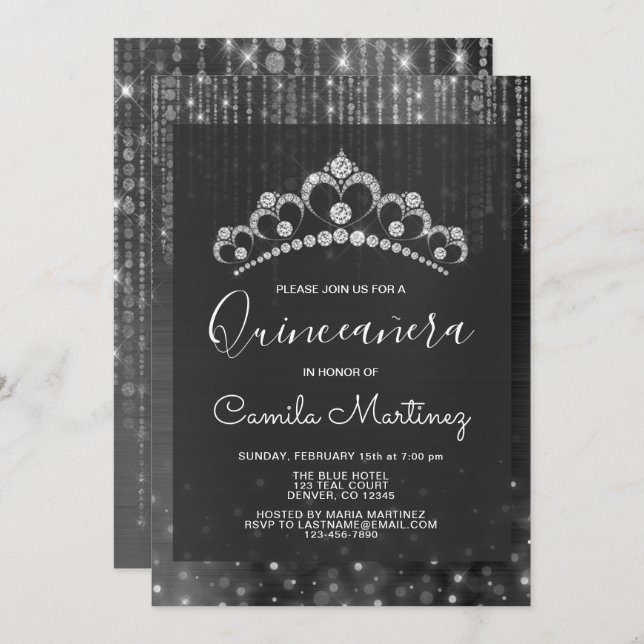 Invitation Quinceanera 15e anniversaire en argent avec Tiara (Devant / Derrière)