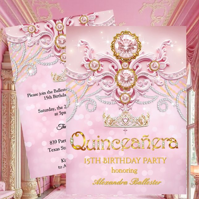 Invitation Quinceanera 15e anniversaire Exotic Lumière Or ros (Créateur téléchargé)