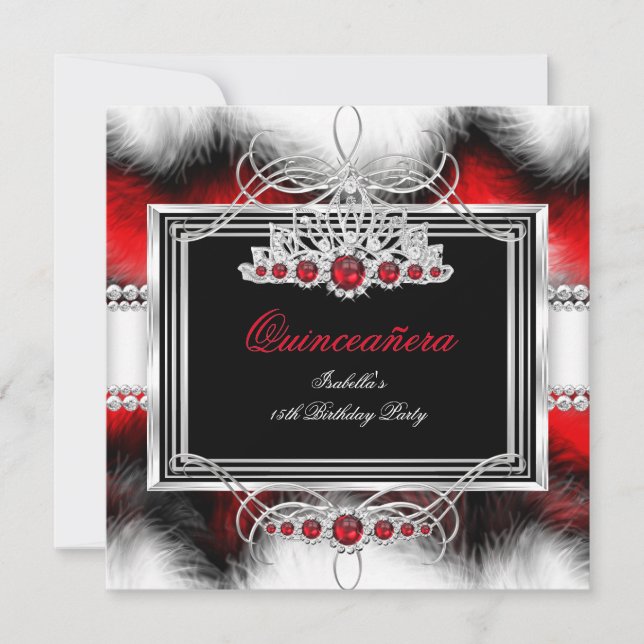 Invitation Quinceanera 15e anniversaire Feather Red Pearl (Devant)