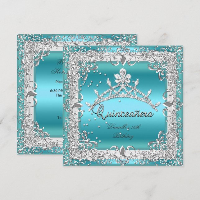 Invitation Quinceanera 15e anniversaire fête Argent Turquoise (Devant / Derrière)