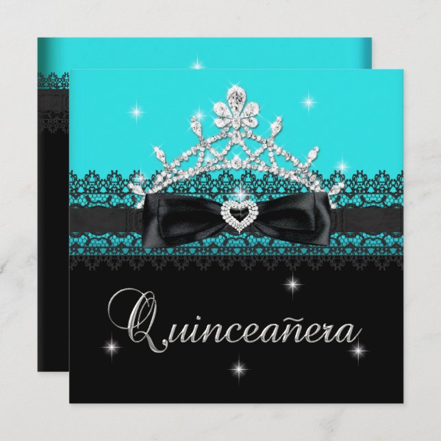 Invitation Quinceanera 15e Anniversaire fête Blue Black Lace (Devant / Derrière)