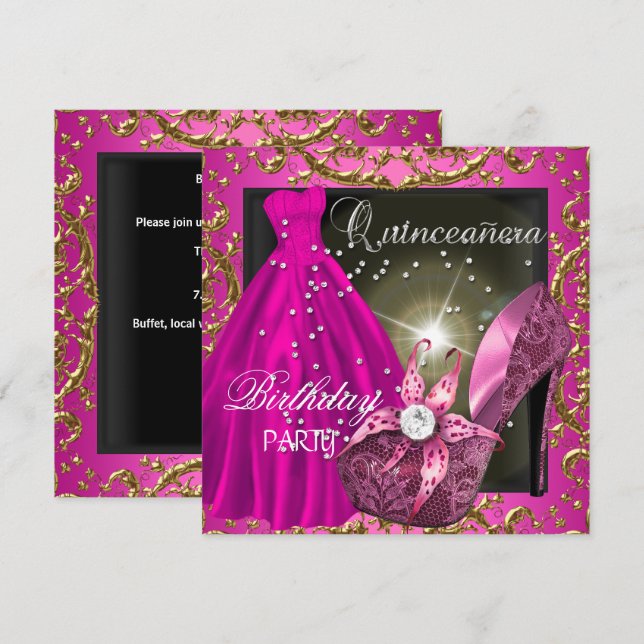 Invitation quinceanera 15e anniversaire fête robe rose (Devant / Derrière)