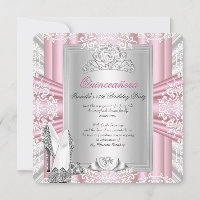 Invitation Quinceanera 15e anniversaire fête rose argent Tiar (Devant)
