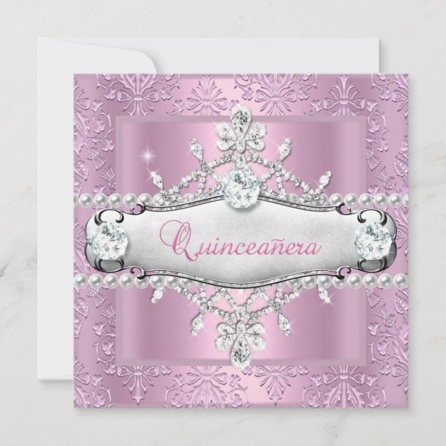 Invitation Quinceanera 15e anniversaire fête rose Tiara (Devant)
