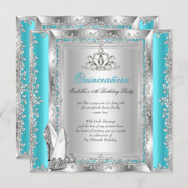 Invitation Quinceanera 15e anniversaire fête Turquoise chauss (Devant / Derrière)