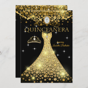Invitation Quinceanera 15e anniversaire Gold Black Tiara