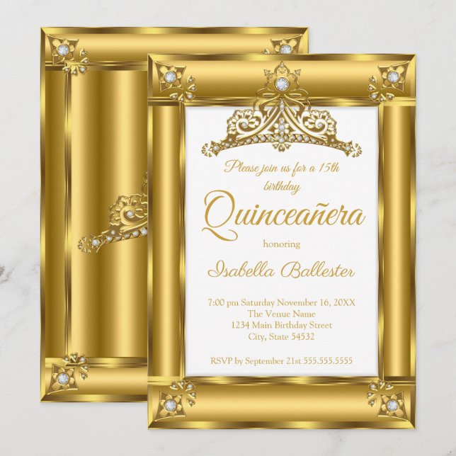 Invitation Quinceanera 15e anniversaire Gold Diamond Tiara 2 (Devant / Derrière)